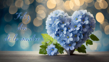 tarjeta o pancarta para desear un feliz Día de la Madre en azul con al lado un corazón hecho de flores azules y follaje verde sobre un fondo azul degradado con círculos en efecto bokeh