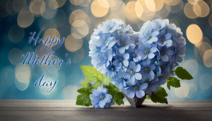 card or banner to wish a happy Mother's Day in blue with next to it a heart made of blue flowers and green foliage on a gradient blue background with circles in bokeh effect