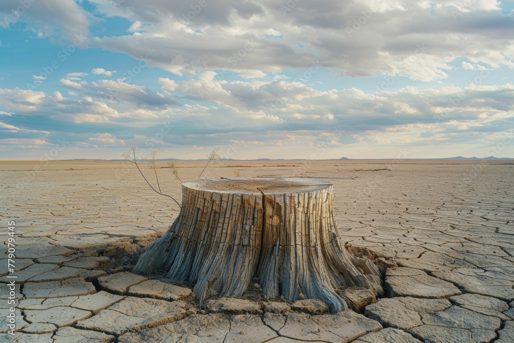 Poster stump from felled tree in drought concept. record summer heat. backdrop of the consequences of envir