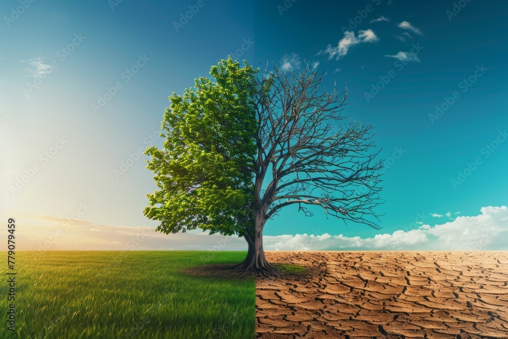 Poster tree in ecology and drought concept. climate change and record heat. backdrop with selective focus