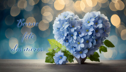 carte ou bandeau pour souhaiter une bonne fête des mères en bleu avec à côté un coeur formé de fleurs bleues  et du feuillage vert sur un fond bleu en dégradé avec des ronds en effet bokeh