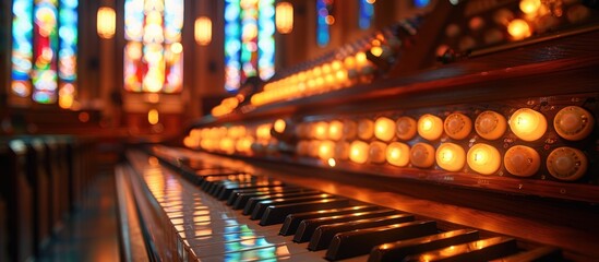 A detailed view of a piano with its keys in front of a vibrant stained glass window, showcasing the...