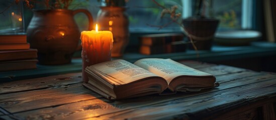 An open vintage book resting on a wooden table, softly illuminated by a candle nearby.