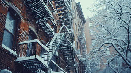 A fire escape covered with snow on the exterior of an old apartment building.