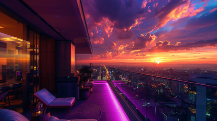 A lavish penthouse overlooking the city's vivid sunset from its balcony. - obrazy, fototapety, plakaty