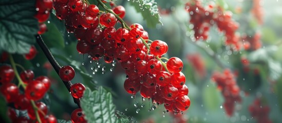 A bunch of red berries hangs from a tree branch, vibrant against the green foliage in the background. - Powered by Adobe