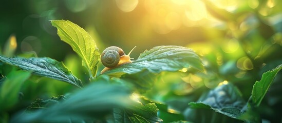 A small snail is sitting calmly on a vibrant green leaf.