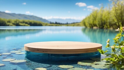 A wooden platform floating on a lake surrounded by trees and mountains in the distance

 - obrazy, fototapety, plakaty