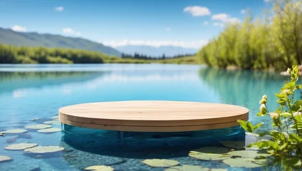  A wooden platform floating on a lake surrounded by trees and mountains in the distance   © Awais