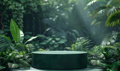 Dark green podium in tropical forest for product presentation and green background - obrazy, fototapety, plakaty