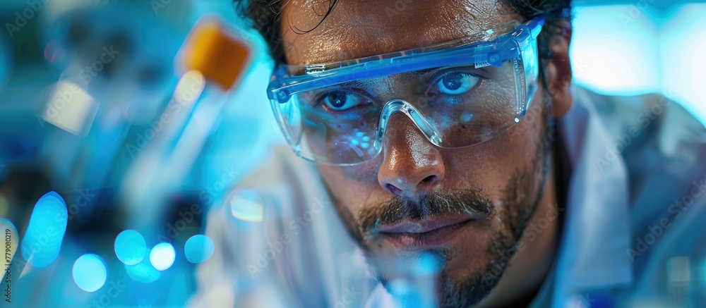 Poster a man in a lab coat and goggles conducting experiments in a laboratory.