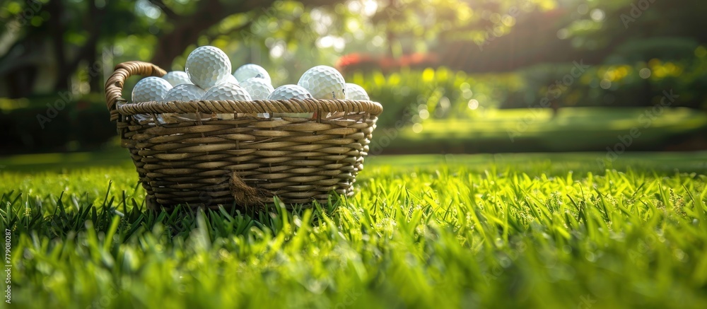 Poster a basket filled with white eggs is placed on a lush green field, creating a simple and serene scene.