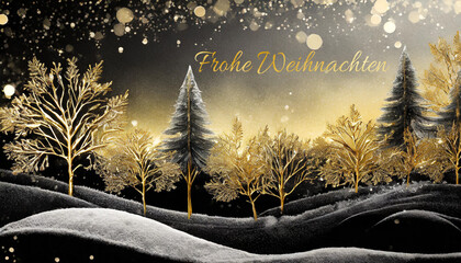 Karte oder Banner, um frohe Weihnachten in Gold zu wünschen, dargestellt durch einen schwarz-weißen Hügel und goldene und schwarze Tannenbäume auf einem schwarz-goldenen Hintergrund mit goldenen Kreis