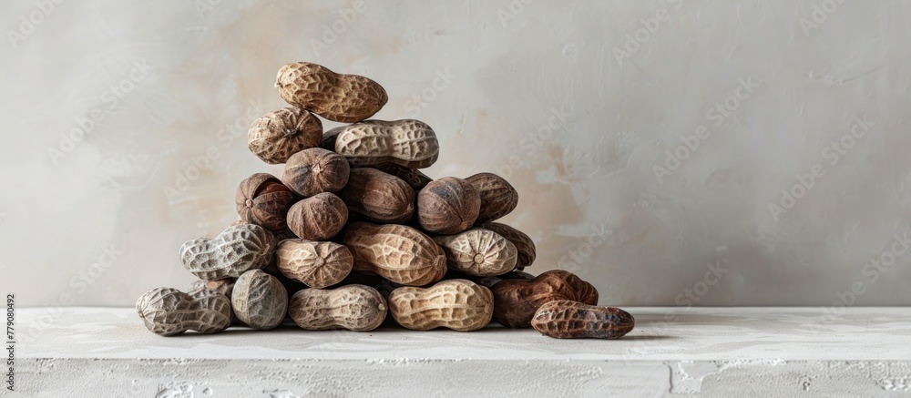 Poster a collection of peanuts with shells and bean pods piled on top of a wooden table.