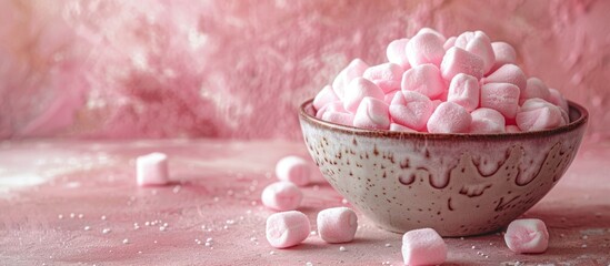 A ceramic bowl filled with pink marshmallows placed on top of a wooden table.