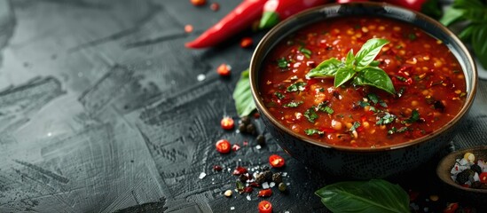 A bowl filled with spicy chili sauce surrounded by various herbs and spices, creating a vibrant and flavorful culinary display.