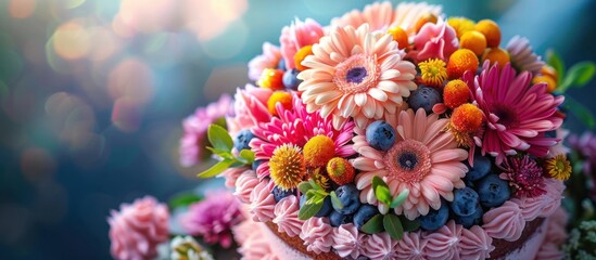 A close up view of a cake adorned with colorful flowers, creating an elegant and visually appealing dessert. - obrazy, fototapety, plakaty