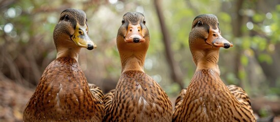 A group of three Khaki Campbell ducks are standing closely next to each other. - obrazy, fototapety, plakaty