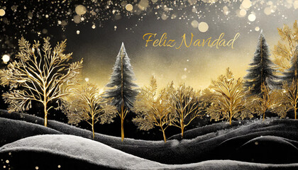 tarjeta o pancarta para desear una Feliz Navidad en oro representada por una colina en blanco y negro y abetos dorados y negros sobre un fondo negro y dorado con círculos dorados en efecto bokeh