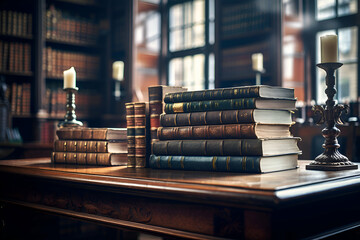 Law and Legal services concept. Law books on table in courtroom