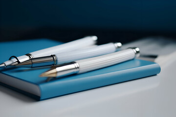 Close up of a pen and a notebook on a blue background