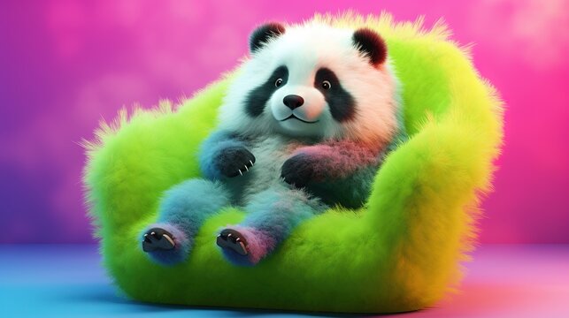 A cheerful fluffy panda is resting in a green plush chair on a pink neon background