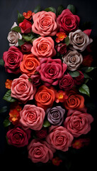 Bouquet of red and pink roses on a black background.