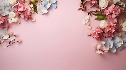 Flowers on pink background with copy space. Flat lay. top view