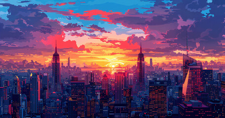 Obraz premium Downtown cityscape at dusk with vivid sunset and neon lights. Digital art illustration of urban skyline and streets