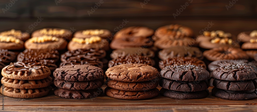 Poster a variety of delicious cocoa cookies neatly arranged on a table, ready to be enjoyed.