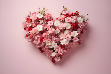 Heart shape made of flowers on pink background. Flat lay. top view
