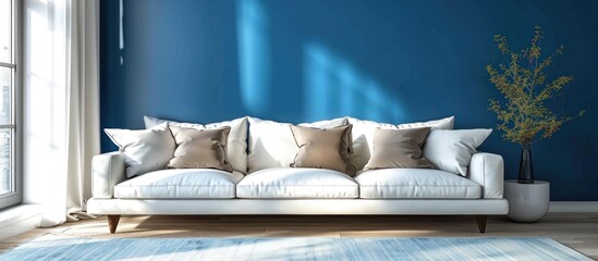 A modern living room with blue walls, a white couch, and neutral decor.