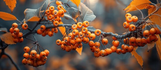 A cluster of vibrant orange berries hangs from a tree branch. - Powered by Adobe