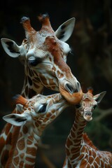 En un momento tierno, dos jirafas se enredan en un abrazo amoroso, sus ojos amables y caricias suaves contra un telón de fondo de susurros de la sabana, capturando la esencia de la intimidad tranquila
