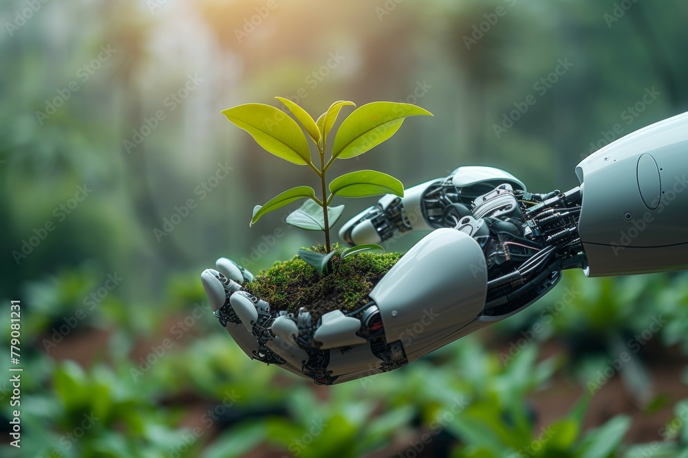 Poster a robot hand works on a modern farm. background with selective focus and copy space