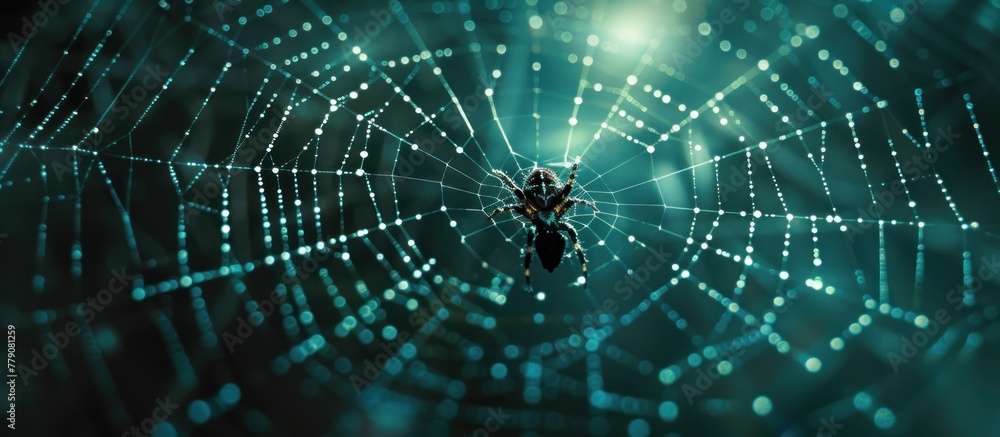 Poster a spider hanging in the center of an intricate web illuminated by the darkness of the night.