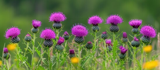 Obraz premium A cluster of purple Bull thistle flowers blooming in a field under the sunlight.