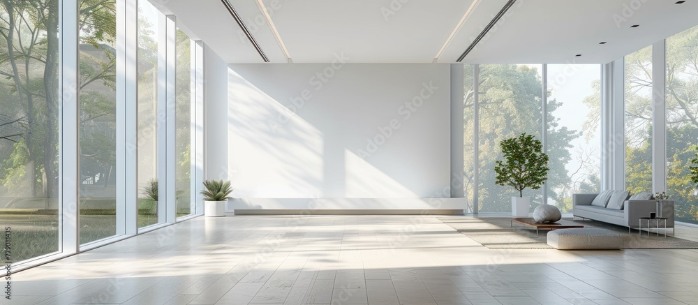 Poster a room with numerous large windows allowing natural light to fill the space. a comfortable couch is 