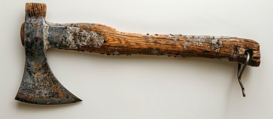 An old axe with a wooden handle is hanging on a white wall.