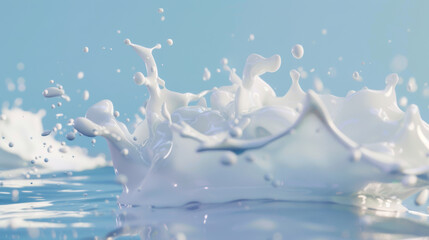 Obraz na płótnie Canvas Milk splashes dynamically against a blue background, creating a crown-like shape and droplets in the air.