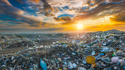 Mountains of trash fill the landscape under a sunset sky, with a city skyline in the distance. - obrazy, fototapety, plakaty