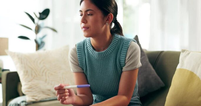 Woman, pregnancy test and stress in home or thinking of future as infertility results or pregnant, unhappy or worry. Female person, stick and lounge with scared doubt for mistake, anxiety or bad news