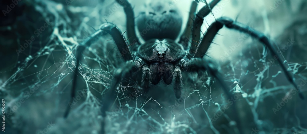 Poster a large spider with intricate web sits atop a lush green forest canopy, blending in with its surroun