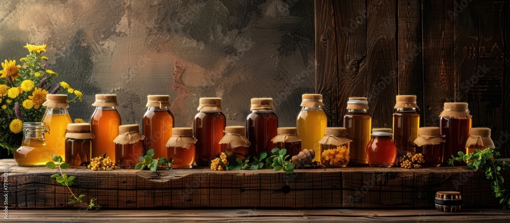 Poster Several bottles of honey in various shapes and sizes are neatly arranged on a wooden table.