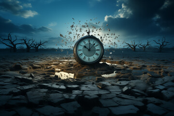 A surreal image of a giant clock melting in a desert landscape, symbolizing the passage of time and the transience of existence