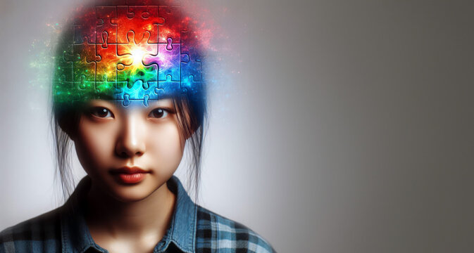 Portrait of a teenager with a brain of a colorful colorful puzzle piece on a gray background with space to copy. World autism awareness day, concept of autism spectrum disorder in adolescents