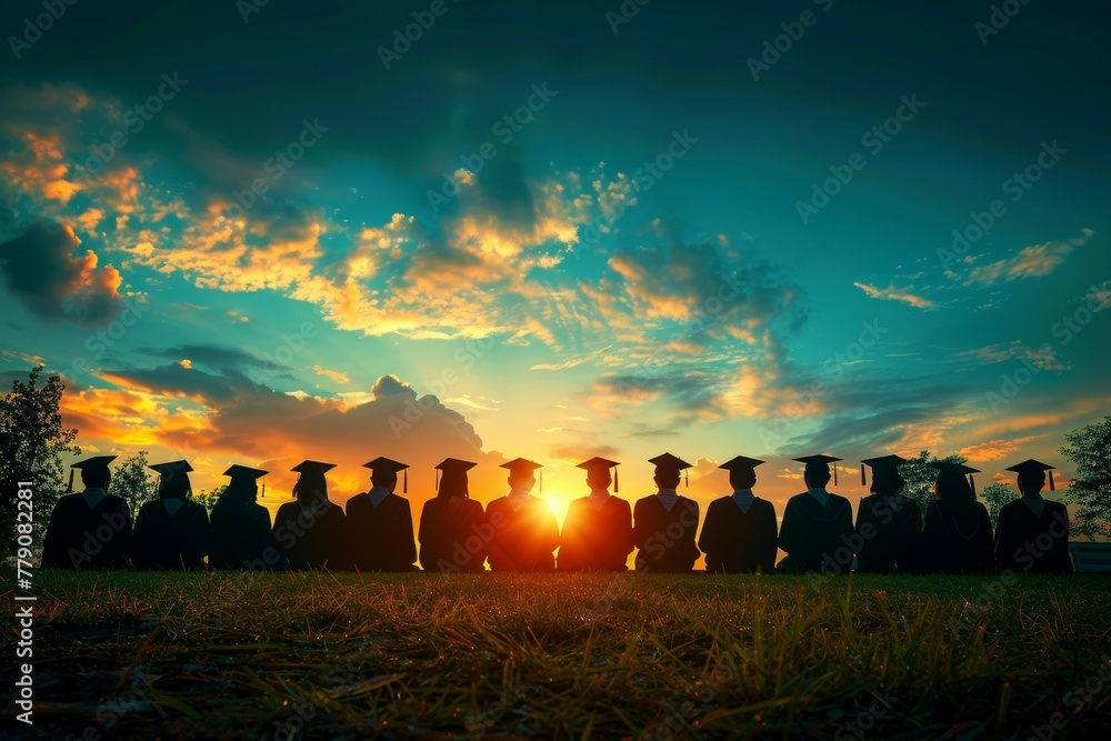 Poster a group of graduates sit in a field with the sun setting behind them