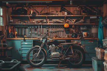 Cercles muraux Moto Dedication to Detail: The Art and Necessity of Motorcycle Maintenance in a Vintage Setup