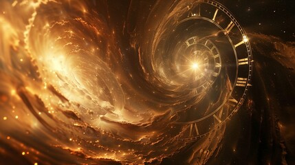 A spiral galaxy with a large clock in the center - obrazy, fototapety, plakaty