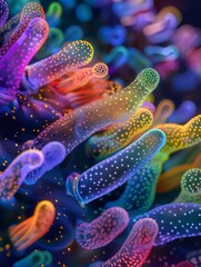 Banana surface bacteria, 3D microscopic render, bioluminescent colors, ultra-high resolution3D Illustration